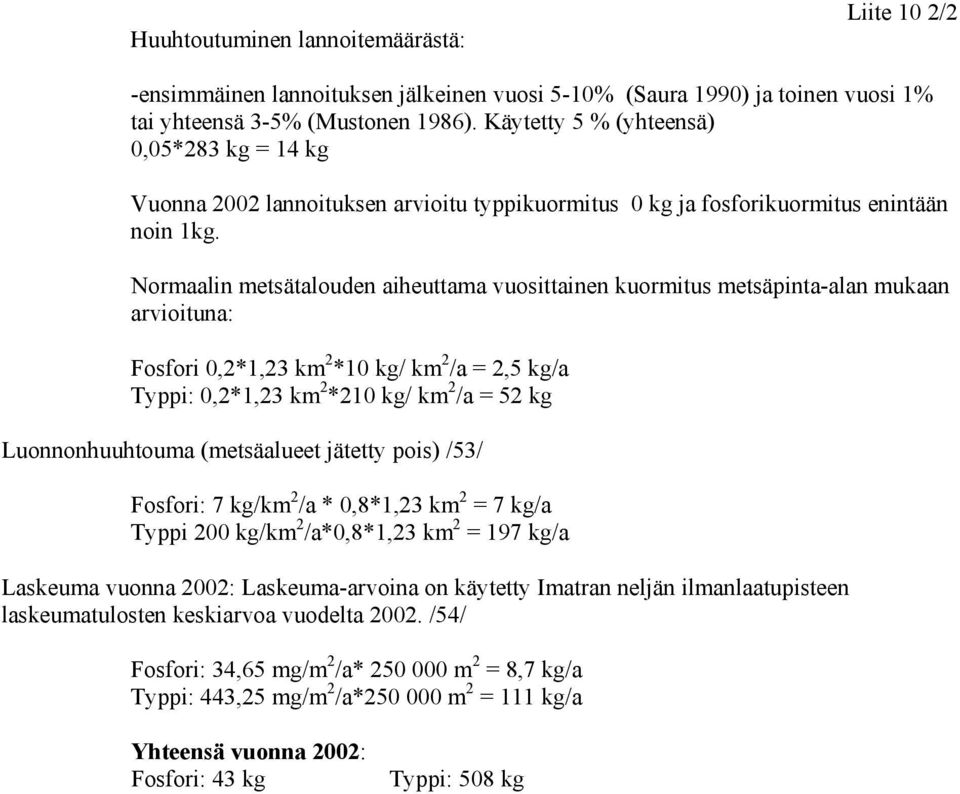 Normaalin metsätalouden aiheuttama vuosittainen kuormitus metsäpintaalan mukaan arvioituna: Fosfori,2*1,23 km 2 *1 kg/ km 2 /a = 2,5 kg/a Typpi:,2*1,23 km 2 *21 kg/ km 2 /a = 52 kg Luonnonhuuhtouma