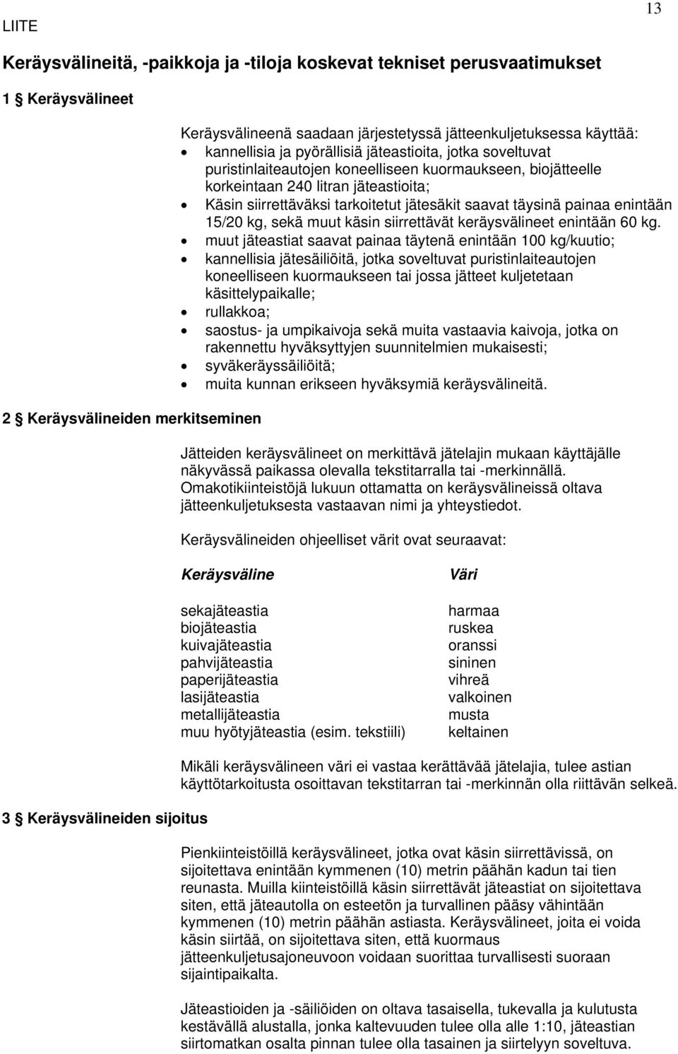 saavat täysinä painaa enintään 15/20 kg, sekä muut käsin siirrettävät keräysvälineet enintään 60 kg.