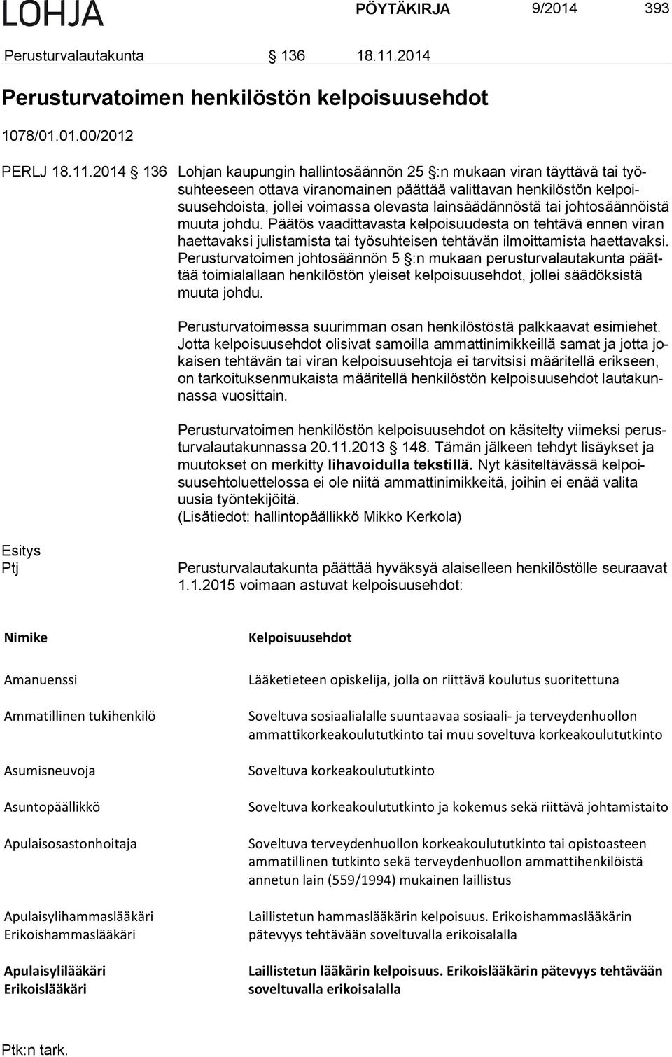 2014 136 Lohjan kaupungin hallintosäännön 25 :n mukaan viran täyttävä tai työsuh tee seen ottava viranomainen päättää valittavan henkilöstön kel poisuus eh dois ta, jollei voimassa olevasta