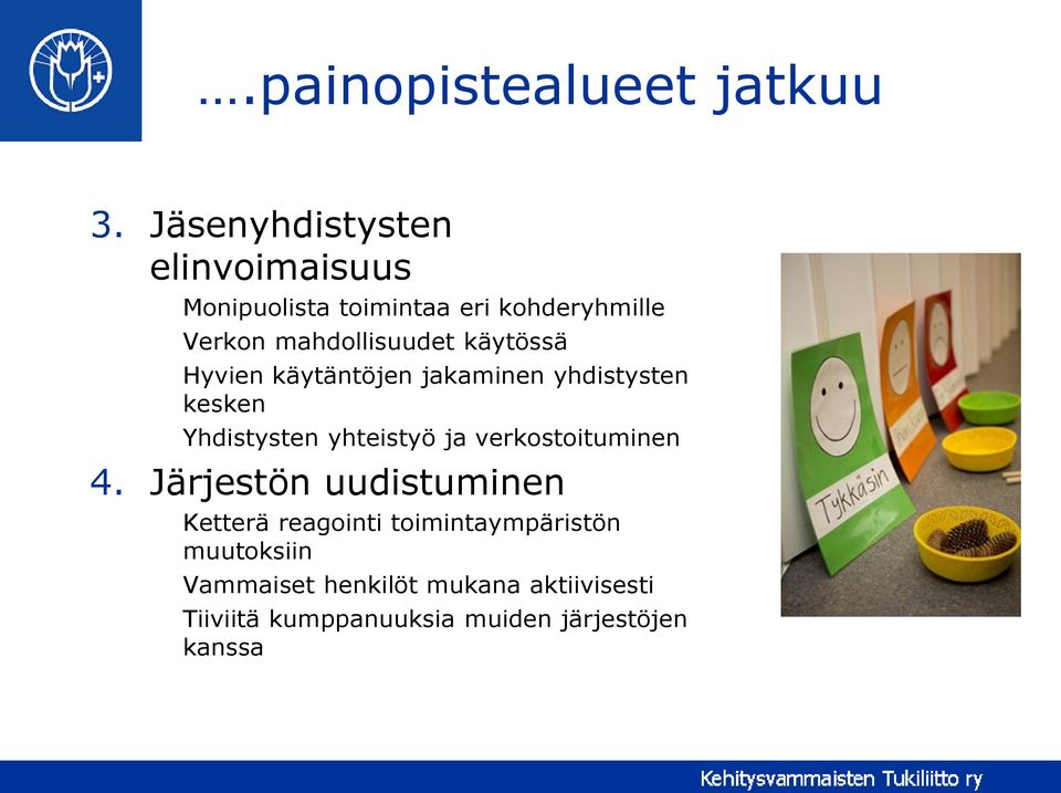 käytössä Hyvien käytäntöjen jakaminen yhdistysten kesken Yhdistysten yhteistyö ja