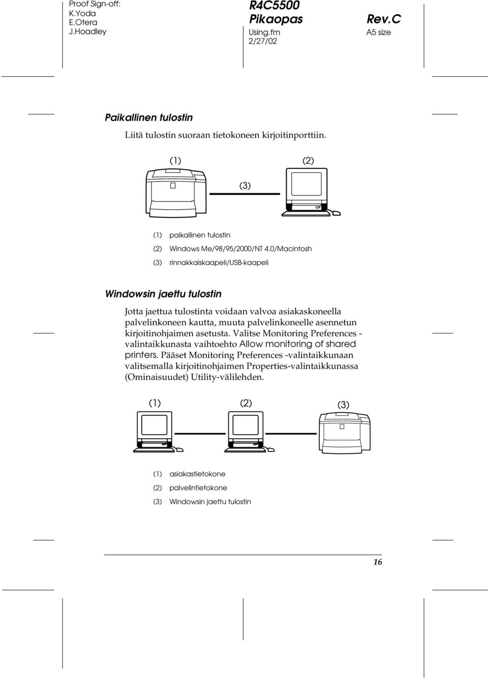 palvelinkoneelle asennetun kirjoitinohjaimen asetusta. Valitse Monitoring Preferences - valintaikkunasta vaihtoehto Allow monitoring of shared printers.