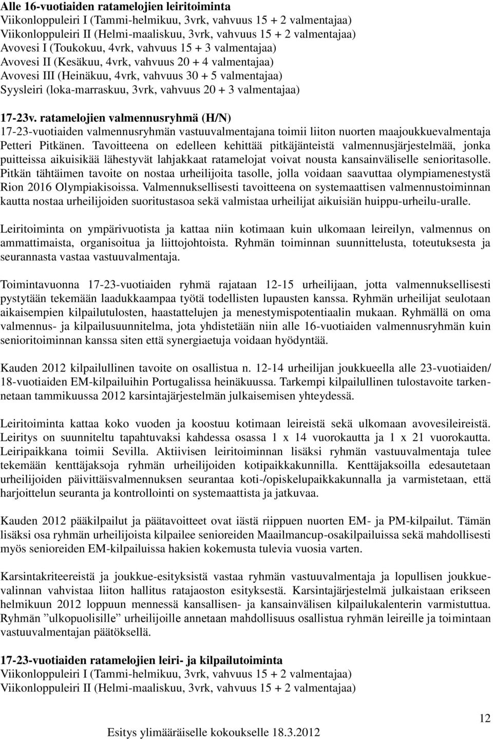 20 + 3 valmentajaa) 17-23v. ratamelojien valmennusryhmä (H/N) 17-23-vuotiaiden valmennusryhmän vastuuvalmentajana toimii liiton nuorten maajoukkuevalmentaja Petteri Pitkänen.