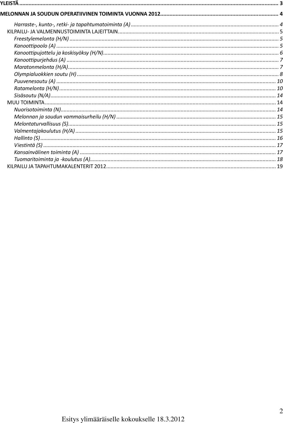 .. 8 Puuvenesoutu (A)... 10 Ratamelonta (H/N)... 10 Sisäsoutu (N/A)... 14 MUU TOIMINTA... 14 Nuorisotoiminta (N)... 14 Melonnan ja soudun vammaisurheilu (H/N).