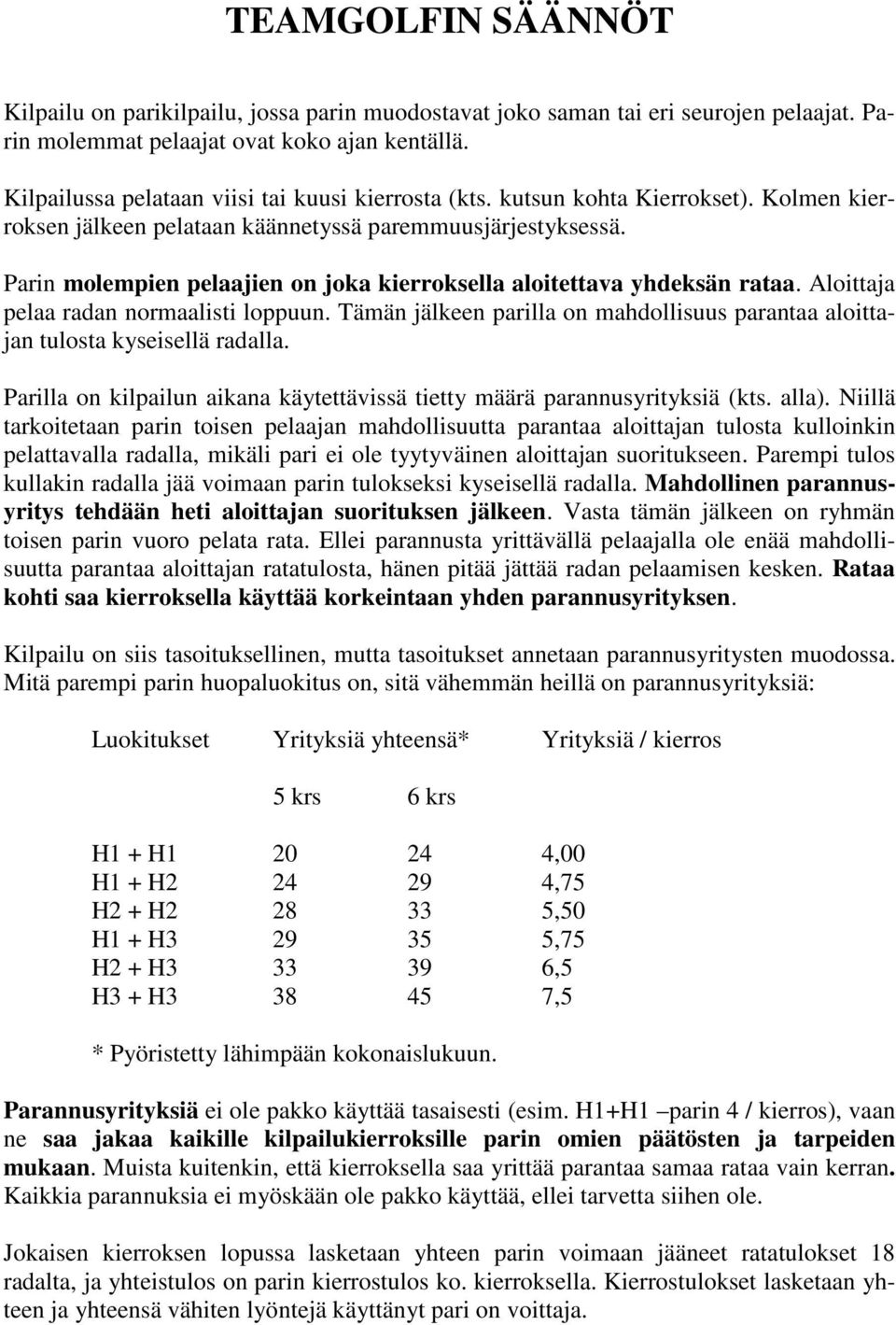 Parin molempien pelaajien on joka kierroksella aloitettava yhdeksän rataa. Aloittaja pelaa radan normaalisti loppuun.