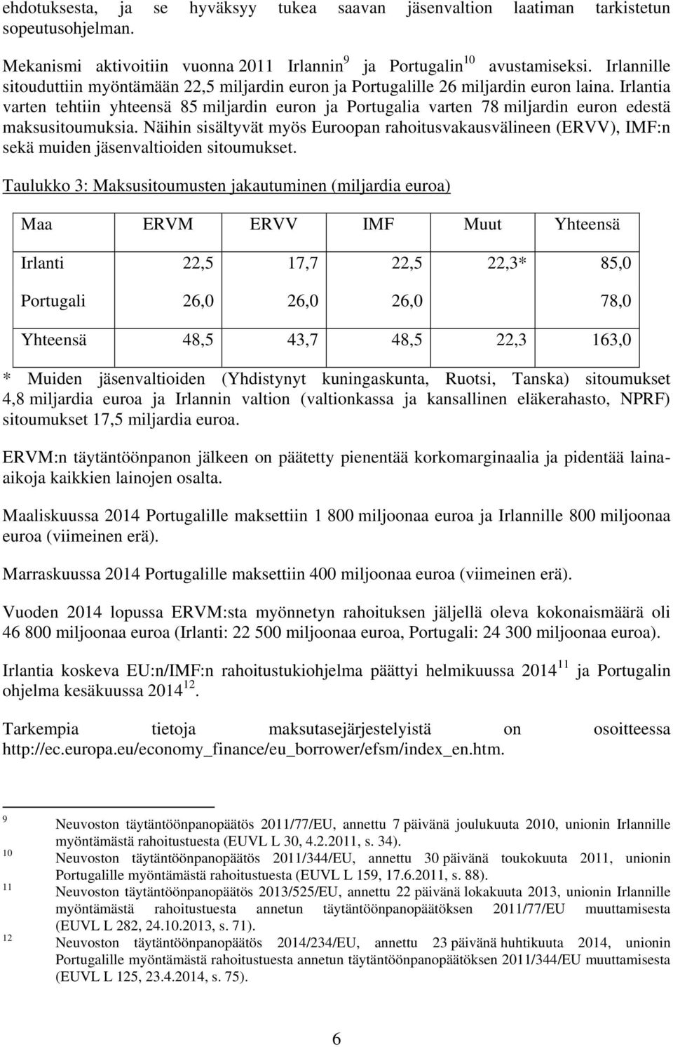 Irlantia varten tehtiin yhteensä 85 miljardin euron ja Portugalia varten 78 miljardin euron edestä maksusitoumuksia.