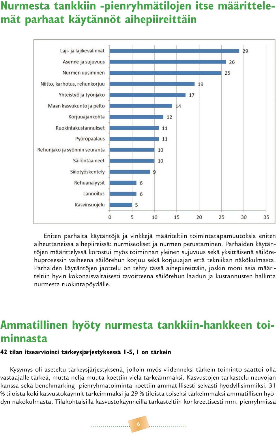 Parhaiden käytäntöjen määrittelyssä korostui myös toiminnan yleinen sujuvuus sekä yksittäisenä säilöre- huprosessin vaiheena säilörehun korjuu sekä korjuuajan että tekniikan näkökulmasta.