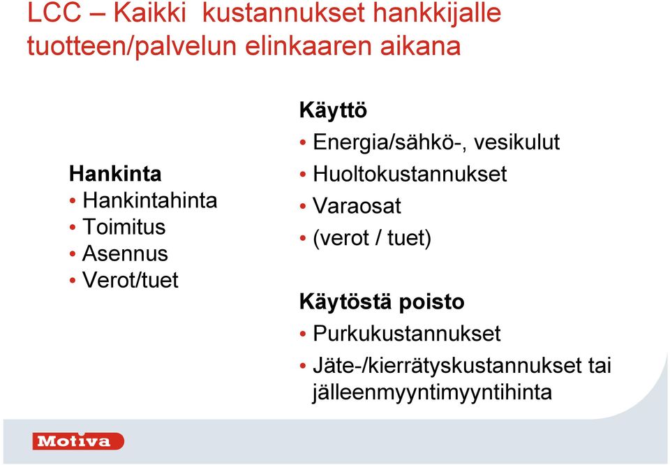 Energia/sähkö-, vesikulut Huoltokustannukset Varaosat (verot / tuet)
