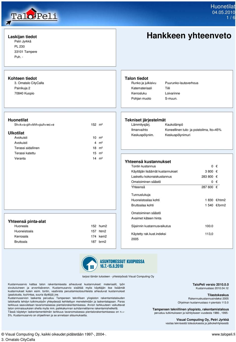 Huonetilat 5h+k+s+ph+khh+puh+wc+e 152 m² Ulkotilat Avokuisti 10 m² Avokuisti 4 m² Terassi aidallinen 18 m² Terassi katettu 15 m² Veranta 14 m² Tekniset järjestelmät Lämmitysjärj.