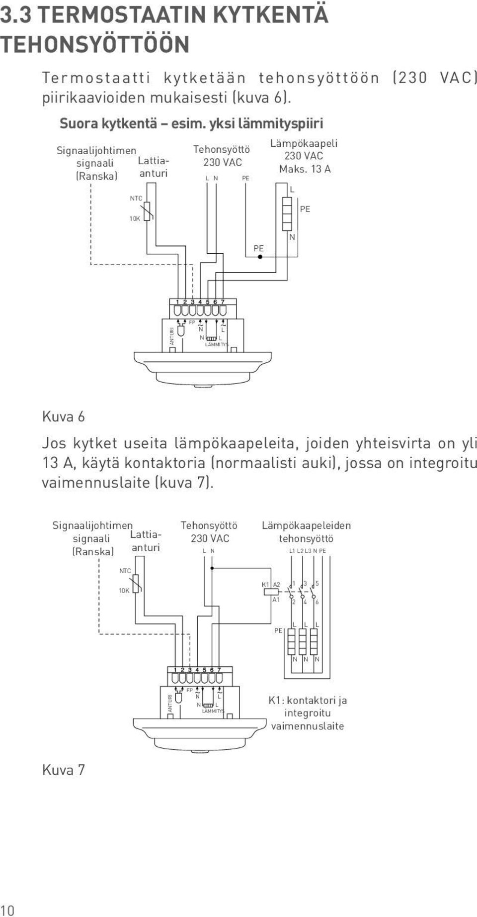 lämmityspiiriä Kuva FP Signaalijohtimen Tehonsyöttö N L Lämpökaapeleiden signaali Lattiaanturi N L 20 LÄMMTYS Jos kytket useita VA (anska) lämpökaapeleita, tehonsyöttö joiden yhteisvirta on yli L N L