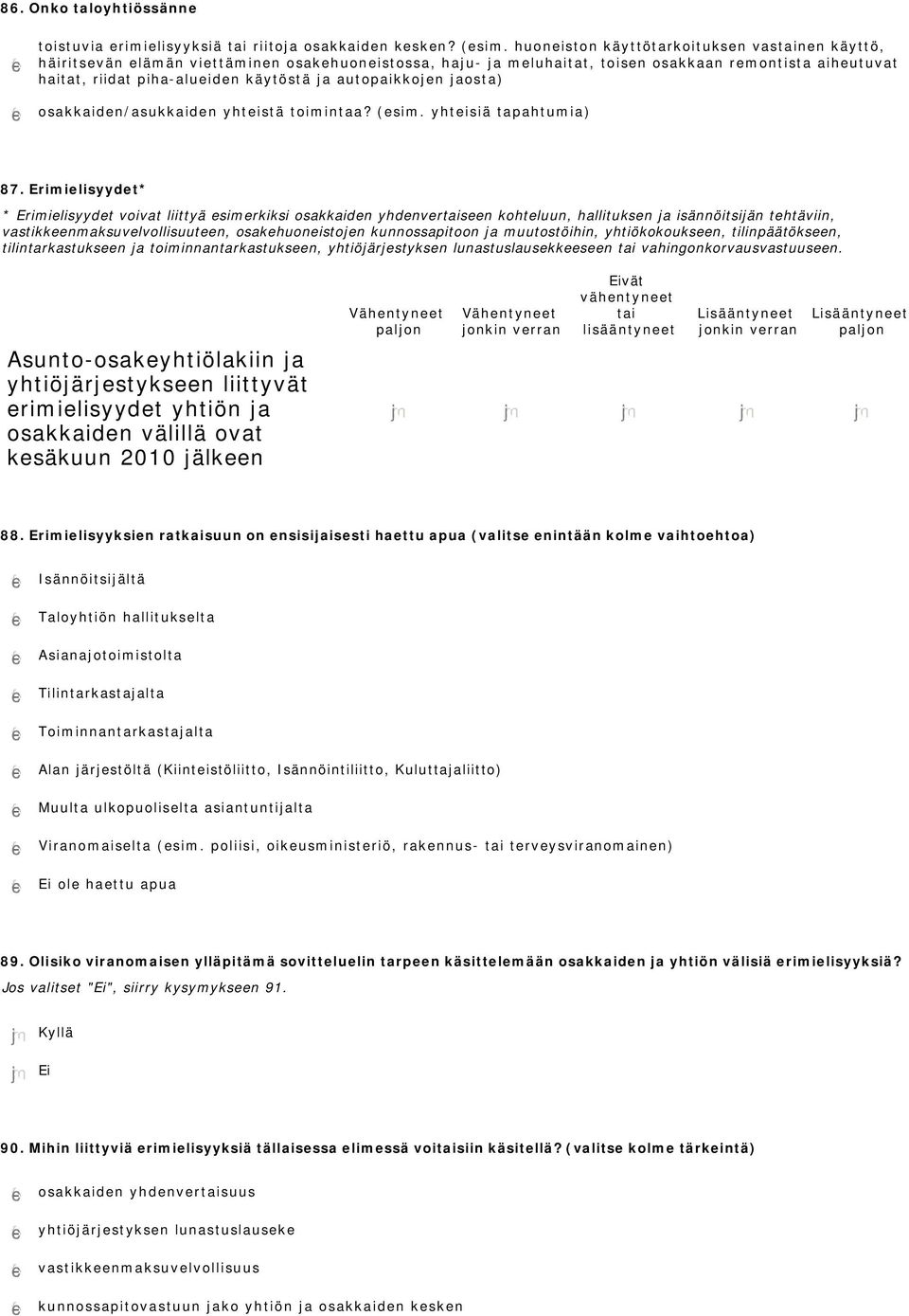 autopaikkojen jaosta) osakkaiden/asukkaiden yhteistä toimintaa? (esim. yhteisiä tapahtumia) 87.