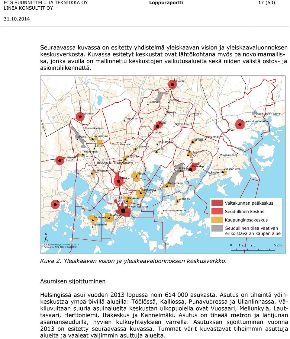 Yleiskaavan vision ja yleiskaavaluonnoksen keskusverkko. Asumisen sijoittuminen Helsingissä asui vuoden 2013 lopussa noin 614 000 asukasta.