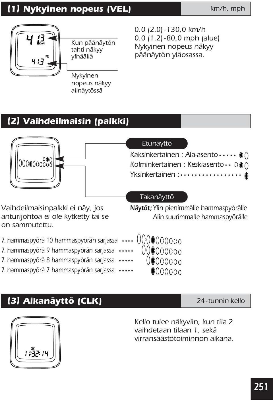 anturijohtoa ei ole kytketty tai se on sammutettu. Takanäyttö Näytöt; Ylin pienimmälle hammaspyörälle Alin suurimmalle hammaspyörälle 7. hammaspyörä 10 hammaspyörän sarjassa 7.