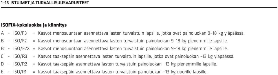 B1 - ISO/F2X = Kasvot menosuuntaan asennettava lasten turvaistuin painoluokan 9 18 kg pienemmille lapsille.