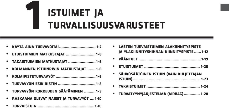 .. 1-8 TURVAVYÖN ÖN KORKEUDEN SÄÄTÄMINEN ÄMINEN... 1-9 RASK ASKAANA ANA OLEVAT T NAISET JA TURVAVYÖT... 1-10 10 TURVAISTUIN.