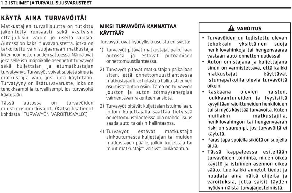 Nämä ovat jokaiselle istumapaikalle asennetut turvavyöt sekä kuljettajan ja etumatkustajan turvatyynyt. Turvavyöt voivat suojata sinua ja matkustajia vain, jos niitä käytetään.