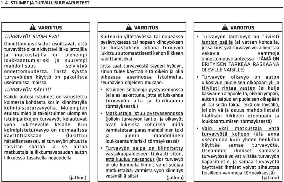 TURVAVY VYÖN KÄYTT TTÖ Kaikki autosi istuimet on varustettu kolmesta kohdasta koriin kiinnitetyllä kolmipisteturvavyöllä.