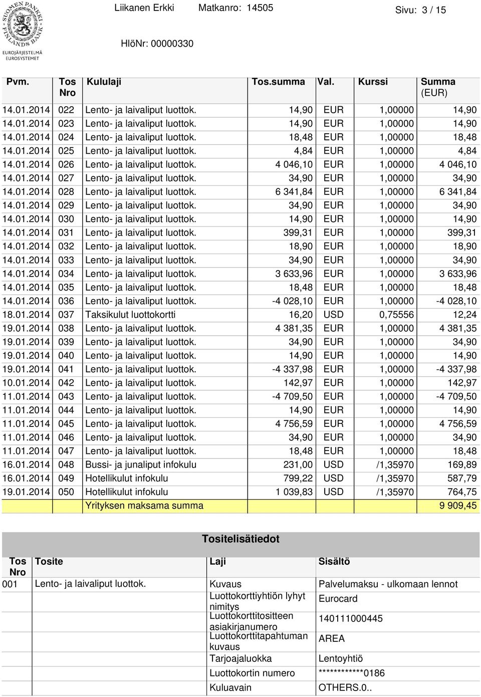 4 046,10 EUR 1,00000 4 046,10 14.01.2014 027 Lento- ja laivaliput luottok. 34,90 EUR 1,00000 34,90 14.01.2014 028 Lento- ja laivaliput luottok. 6 341,84 EUR 1,00000 6 341,84 14.01.2014 029 Lento- ja laivaliput luottok.