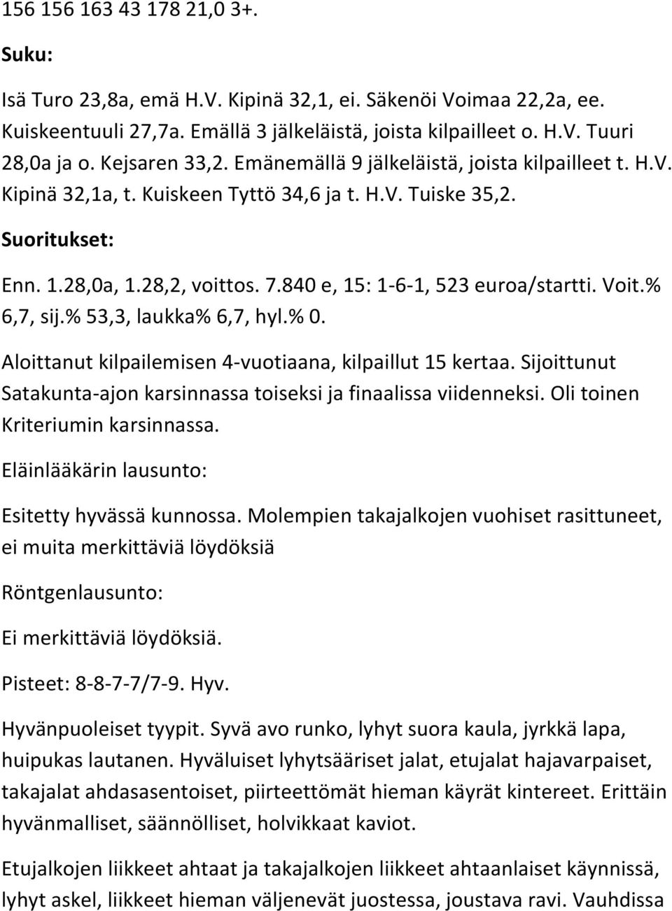 Voit.% 6,7, sij.% 53,3, laukka% 6,7, hyl.% 0. Aloittanut kilpailemisen 4-vuotiaana, kilpaillut 15 kertaa. Sijoittunut Satakunta-ajon karsinnassa toiseksi ja finaalissa viidenneksi.