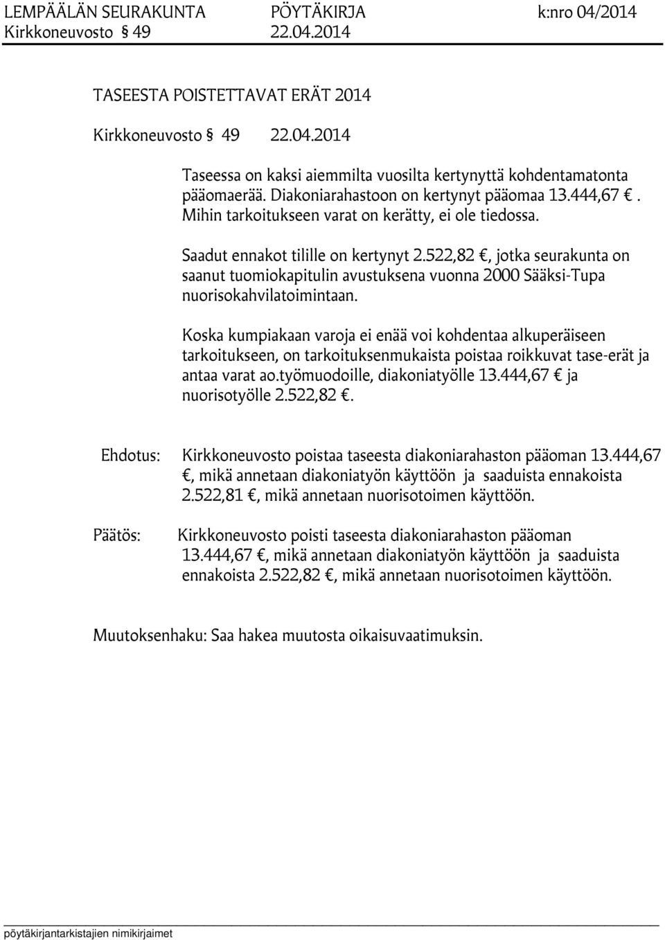 522,82, jotka seurakunta on saanut tuomiokapitulin avustuksena vuonna 2000 Sääksi-Tupa nuorisokahvilatoimintaan.