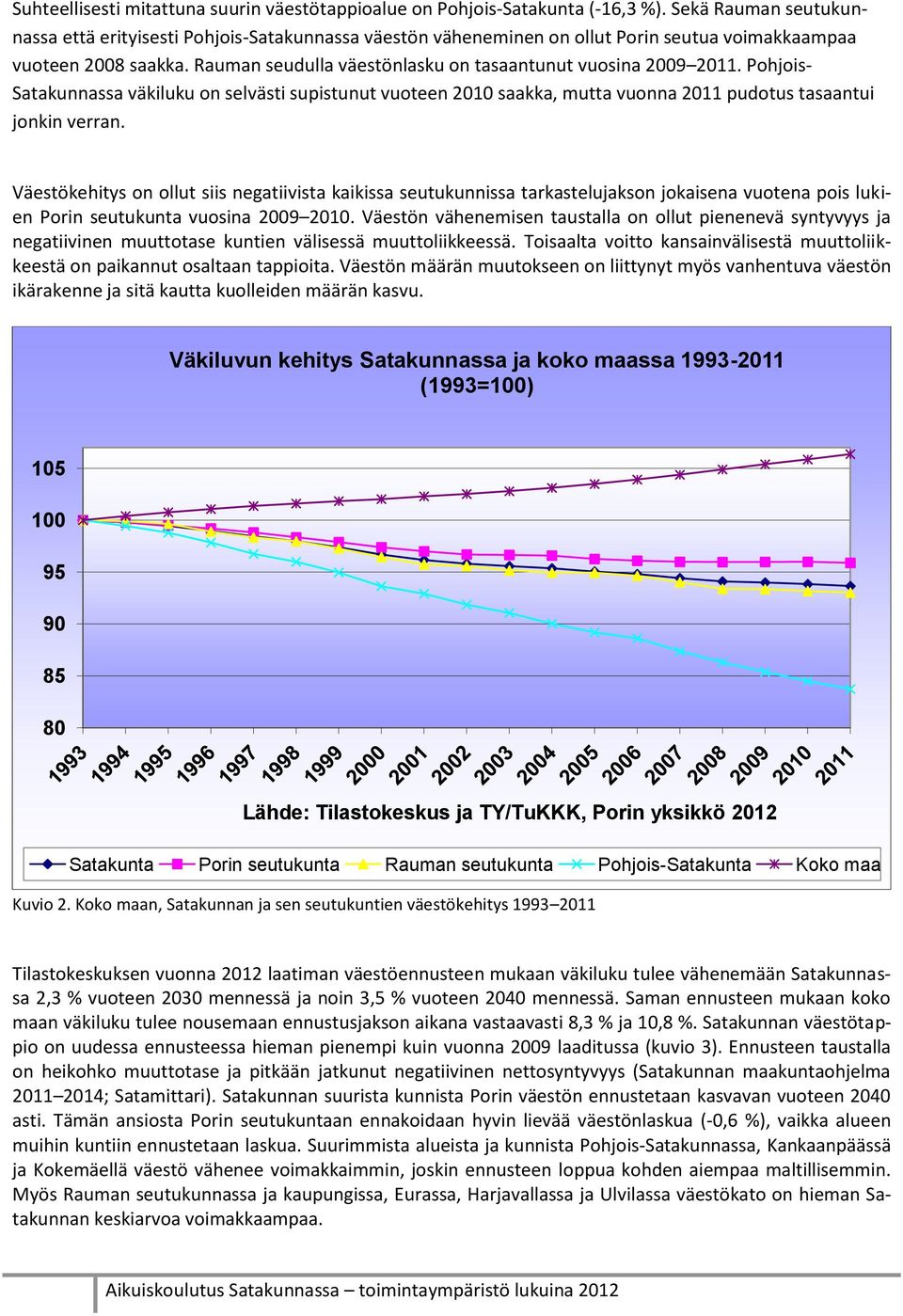 Rauman seudulla väestönlasku on tasaantunut vuosina 2009 2011. Pohjois- Satakunnassa väkiluku on selvästi supistunut vuoteen 2010 saakka, mutta vuonna 2011 pudotus tasaantui jonkin verran.