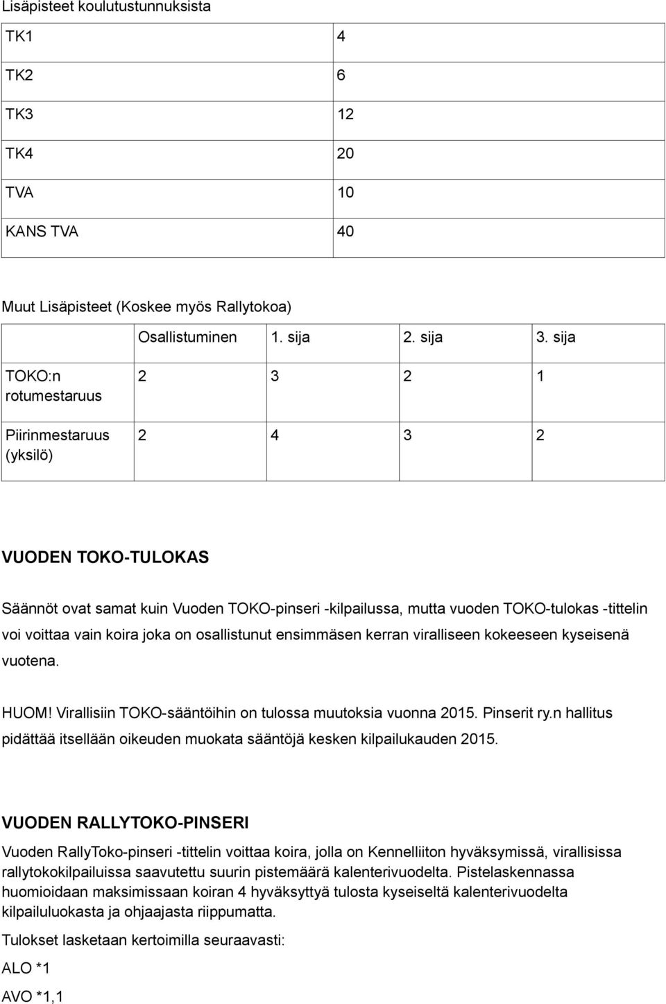 koira joka on osallistunut ensimmäsen kerran viralliseen kokeeseen kyseisenä vuotena. HUOM! Virallisiin TOKO-sääntöihin on tulossa muutoksia vuonna 2015. Pinserit ry.