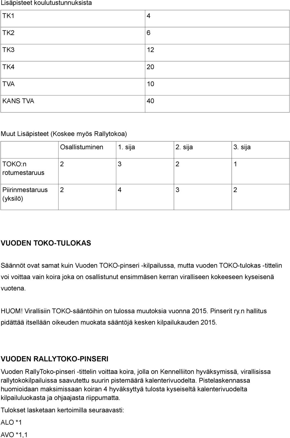 koira joka on osallistunut ensimmäsen kerran viralliseen kokeeseen kyseisenä vuotena. HUOM! Virallisiin TOKO-sääntöihin on tulossa muutoksia vuonna 2015. Pinserit ry.