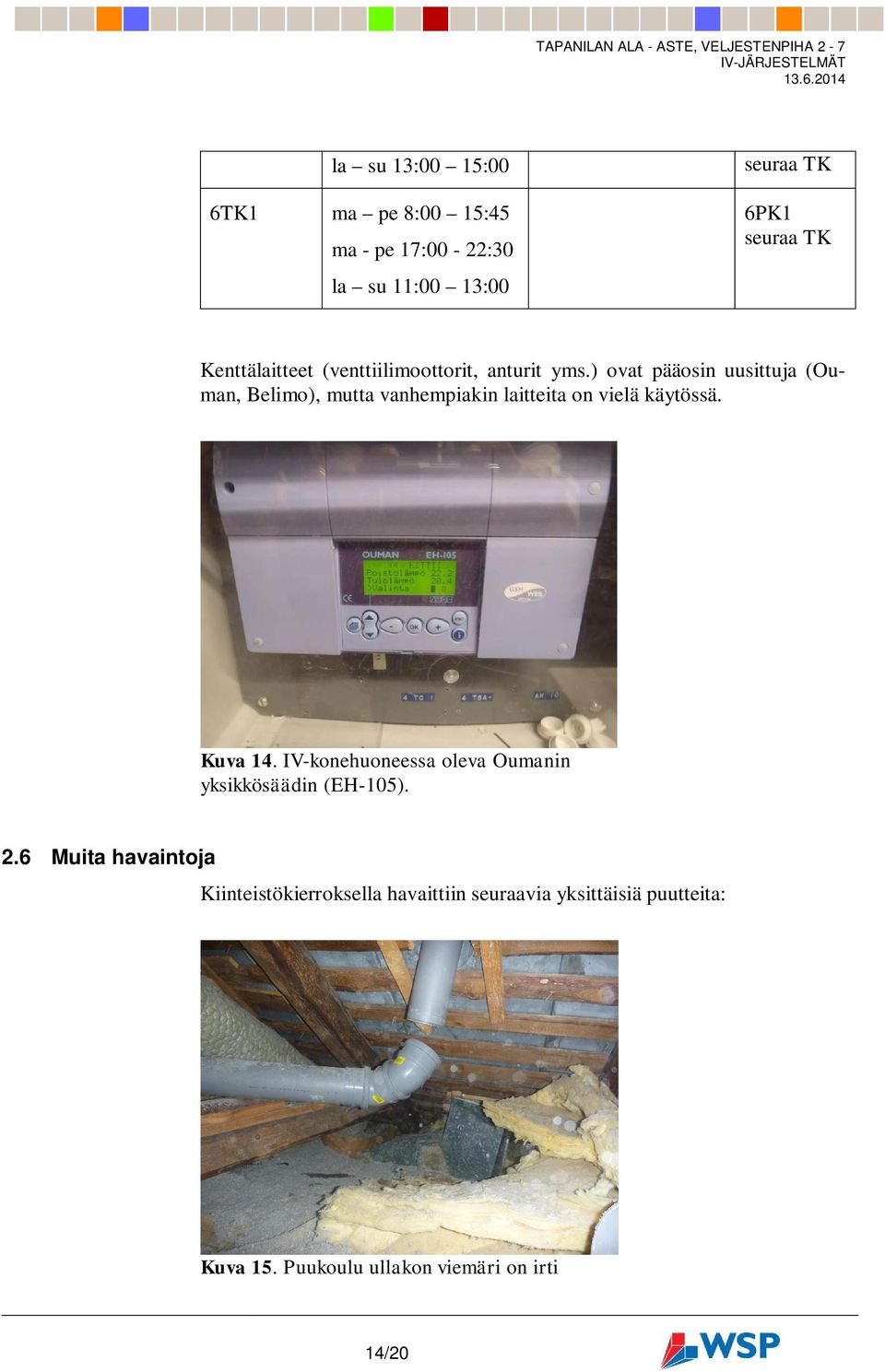 ) ovat pääosin uusittuja (Ouman, Belimo), mutta vanhempiakin laitteita on vielä käytössä. Kuva 14.