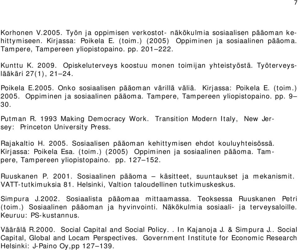 ) 2005. Oppiminen ja sosiaalinen pääoma. Tampere, Tampereen yliopistopaino. pp. 9 30. Putman R. 1993 Making Democracy Work. Transition Modern Italy, New Jersey: Princeton University Press.