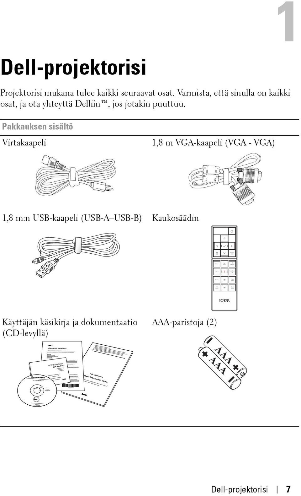 Pakkauksen sisältö Virtakaapeli 1,8 m VGA-kaapeli (VGA - VGA) 1,8 m:n USB-kaapeli (USB-A USB-B) Kaukosäädin Käyttäjän käsikirja