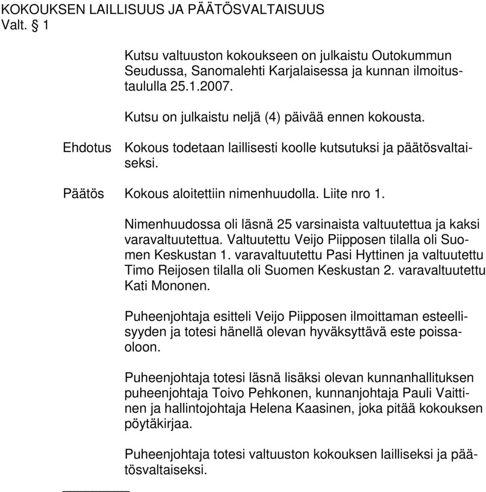 Nimenhuudossa oli läsnä 25 varsinaista valtuutettua ja kaksi varavaltuutettua. Valtuutettu Veijo Piipposen tilalla oli Suomen Keskustan 1.