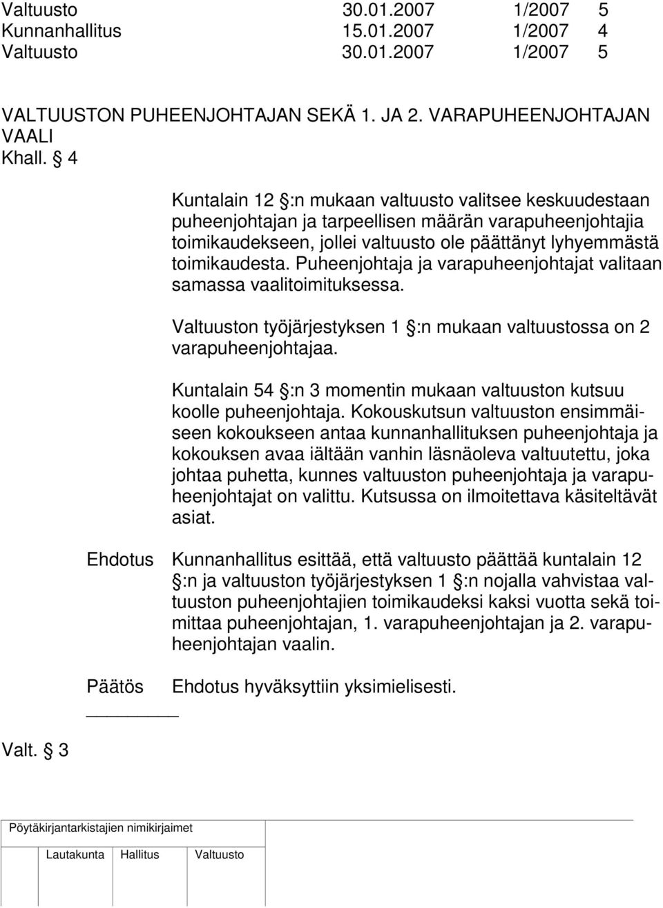 3 Kuntalain 12 :n mukaan valtuusto valitsee keskuudestaan puheenjohtajan ja tarpeellisen määrän varapuheenjohtajia toimikaudekseen, jollei valtuusto ole päättänyt lyhyemmästä toimikaudesta.