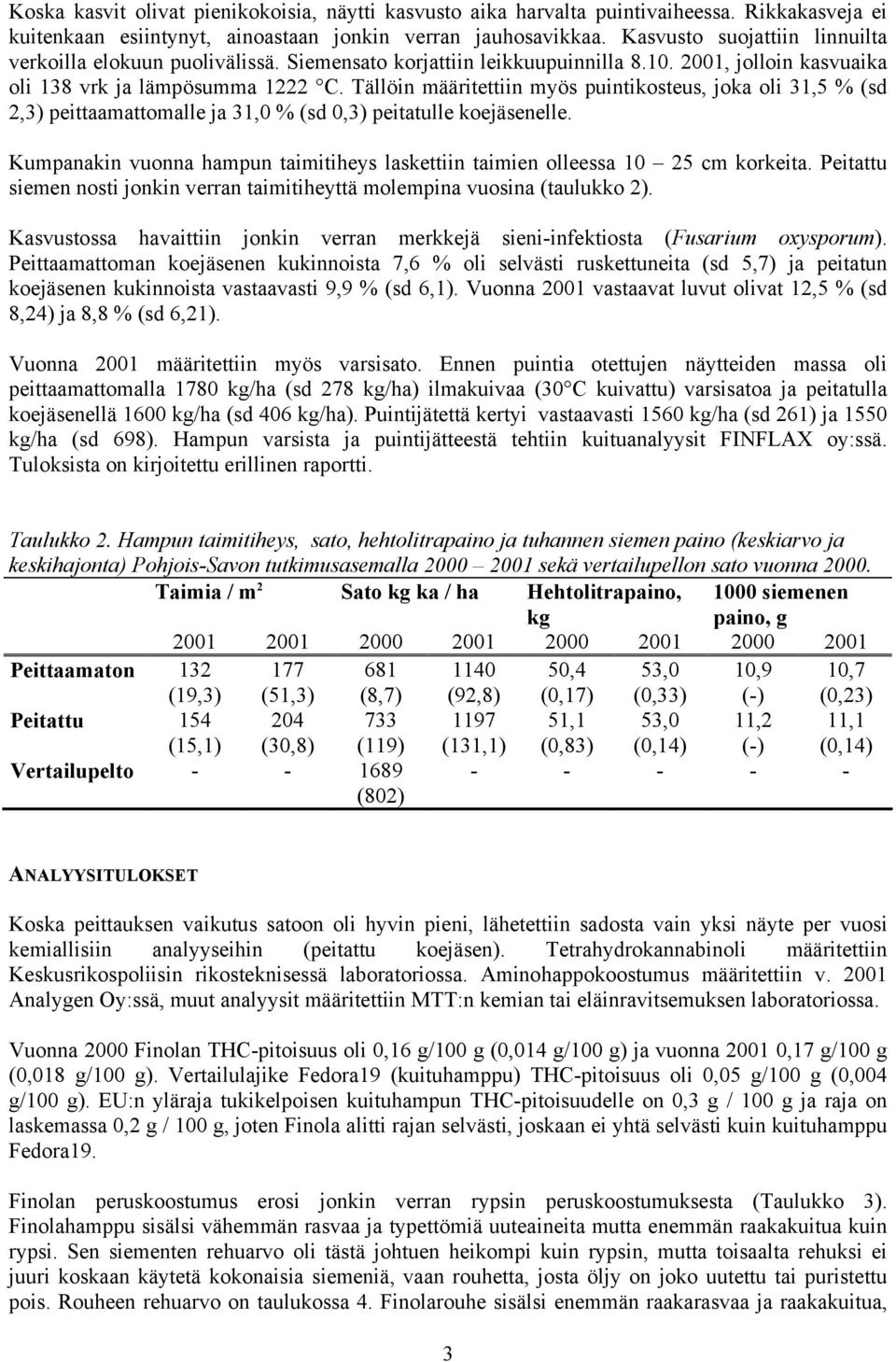 Tällöin määritettiin myös puintikosteus, joka oli 31,5 % (sd 2,3) peittaamattomalle ja 31,0 % (sd 0,3) peitatulle koejäsenelle.