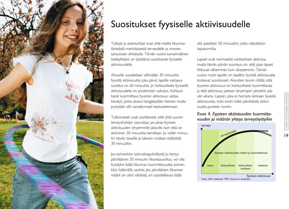 Aikuisille suositellaan vähintään 30 minuuttia fyy sistä aktiivisuutta joka päivä, lapsille vastaava suositus on 60 minuuttia. Jo kohtuullisella fyysisellä aktiivisuudella on positiivinen vaikutus.
