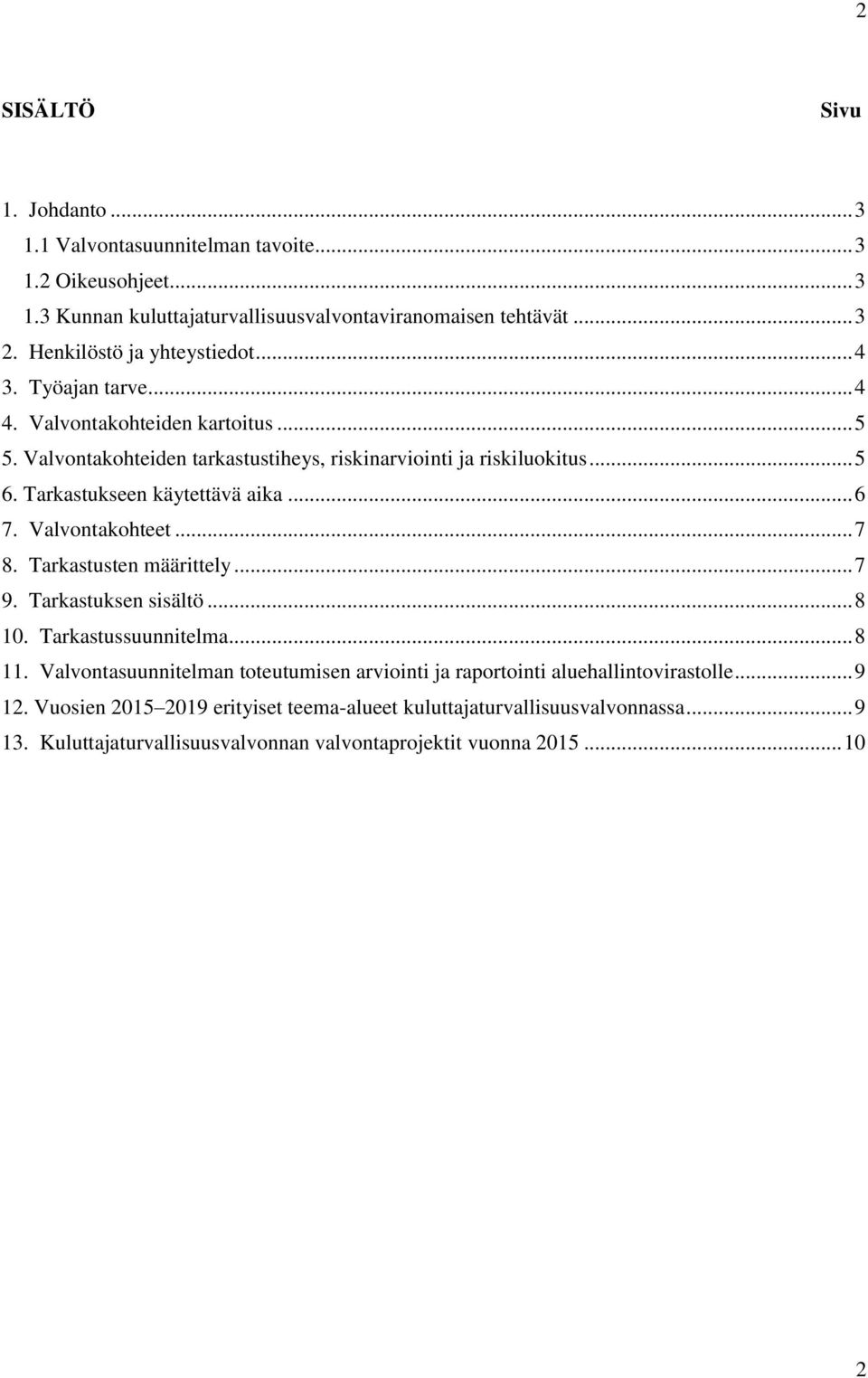 Tarkastukseen käytettävä aika... 6 7. Valvontakohteet... 7 8. Tarkastusten määrittely... 7 9. Tarkastuksen sisältö... 8 10. Tarkastussuunnitelma... 8 11.