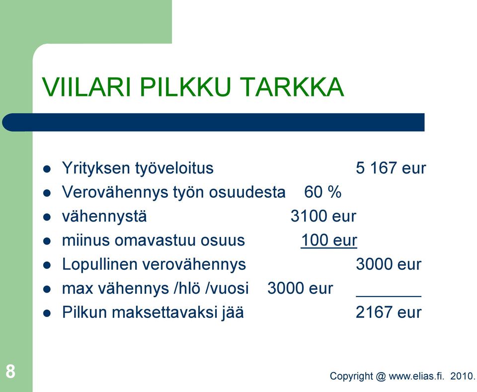 omavastuu osuus 100 eur Lopullinen verovähennys 3000 eur