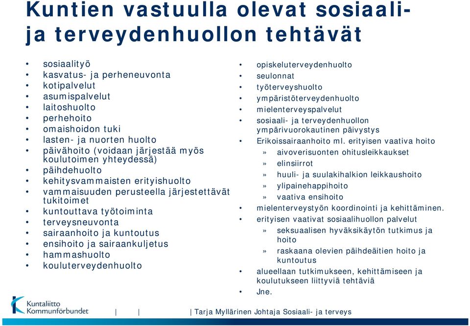 sairaanhoito ja kuntoutus ensihoito ja sairaankuljetus hammashuolto kouluterveydenhuolto opiskeluterveydenhuolto seulonnat työterveyshuolto ympäristöterveydenhuolto mielenterveyspalvelut sosiaali- ja