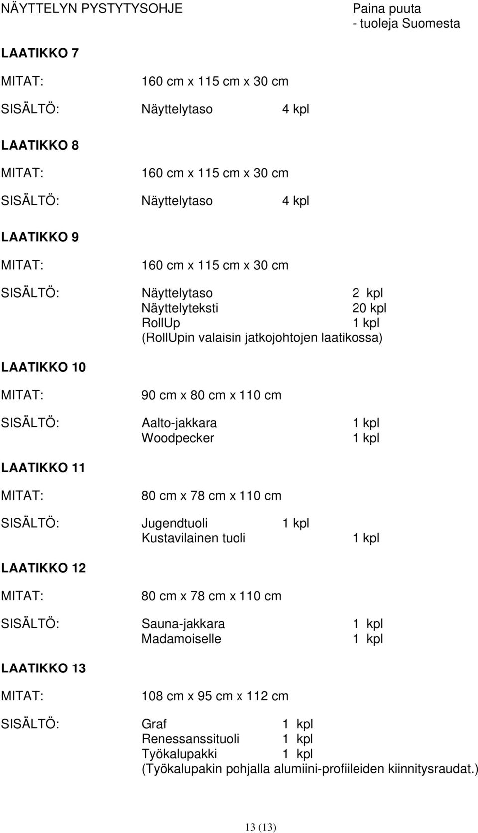 Aalto-jakkara Woodpecker LAATIKKO 11 80 cm x 78 cm x 110 cm SISÄLTÖ: Jugendtuoli Kustavilainen tuoli LAATIKKO 12 80 cm x 78 cm x 110 cm SISÄLTÖ: