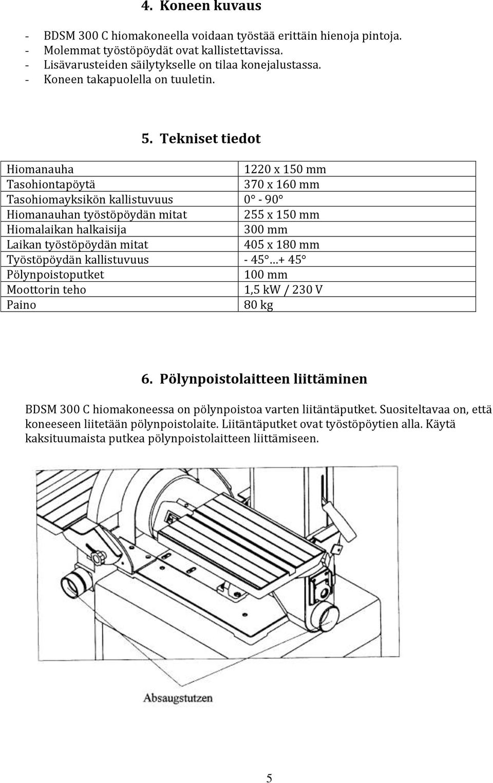 Tekniset tiedot Hiomanauha 1220 x 150 mm Tasohiontapöytä 370 x 160 mm Tasohiomayksikön kallistuvuus 0-90 Hiomanauhan työstöpöydän mitat 255 x 150 mm Hiomalaikan halkaisija 300 mm Laikan työstöpöydän