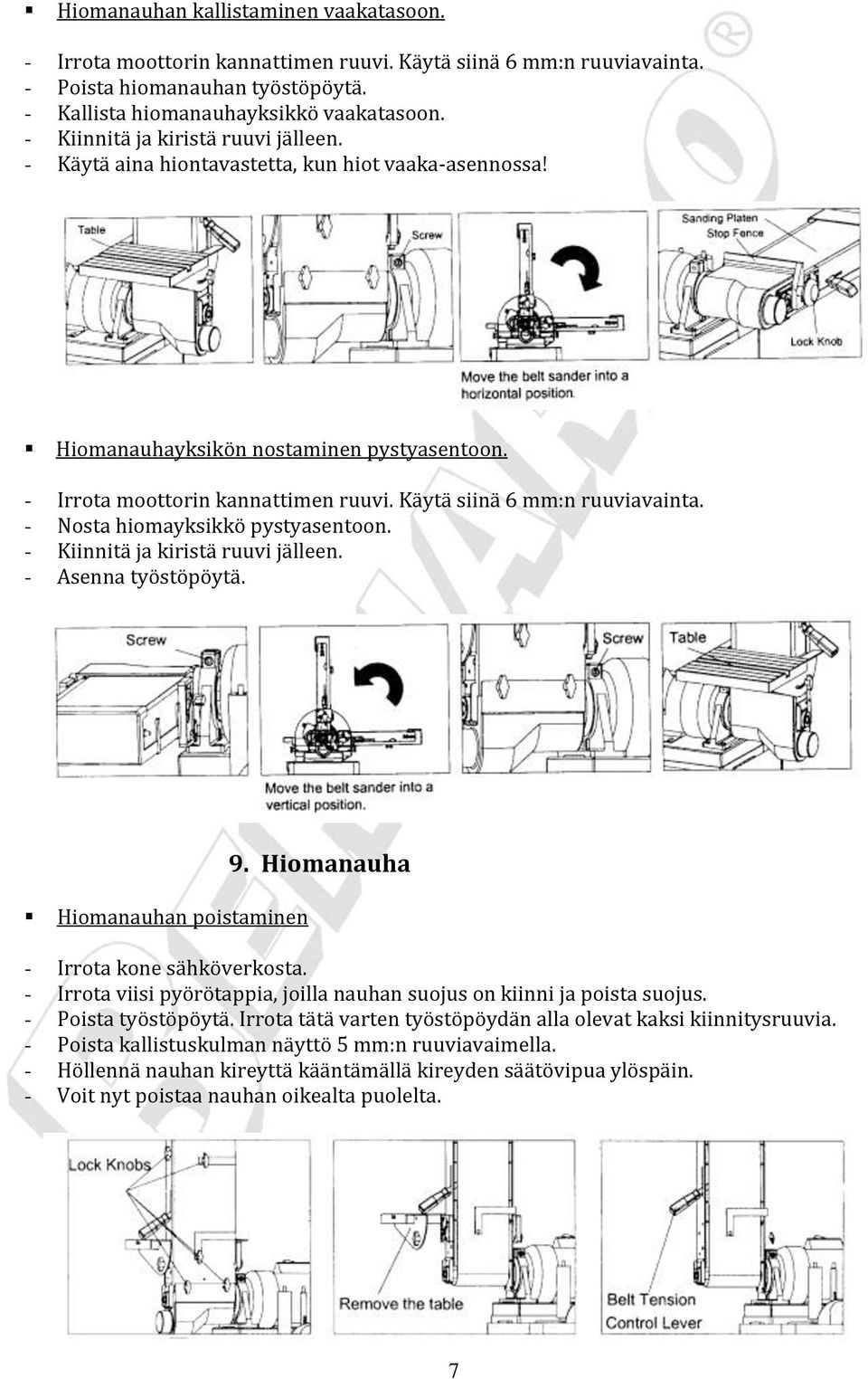 Käytä siinä 6 mm:n ruuviavainta. - Nosta hiomayksikkö pystyasentoon. - Kiinnitä ja kiristä ruuvi jälleen. - Asenna työstöpöytä. Hiomanauhan poistaminen 9. Hiomanauha - Irrota kone sähköverkosta.