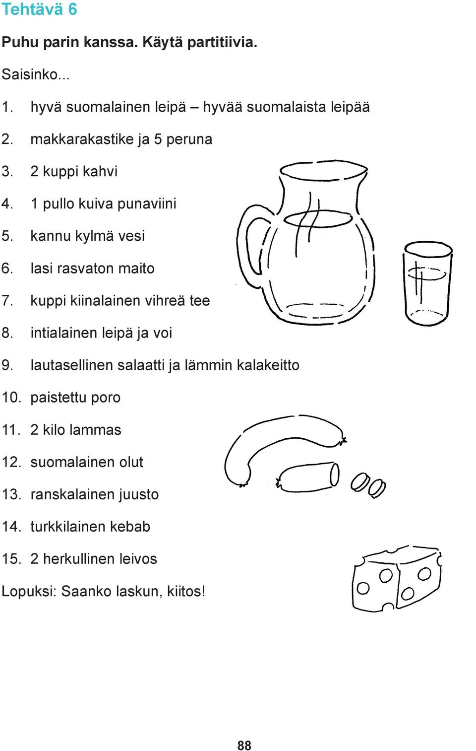 kuppi kiinalainen vihreä tee 8. intialainen leipä ja voi 9. lautasellinen salaatti ja lämmin kalakeitto 10.