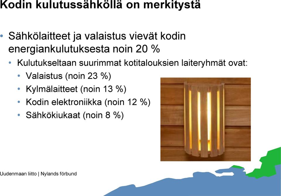 suurimmat kotitalouksien laiteryhmät ovat: Valaistus (noin 23 %)