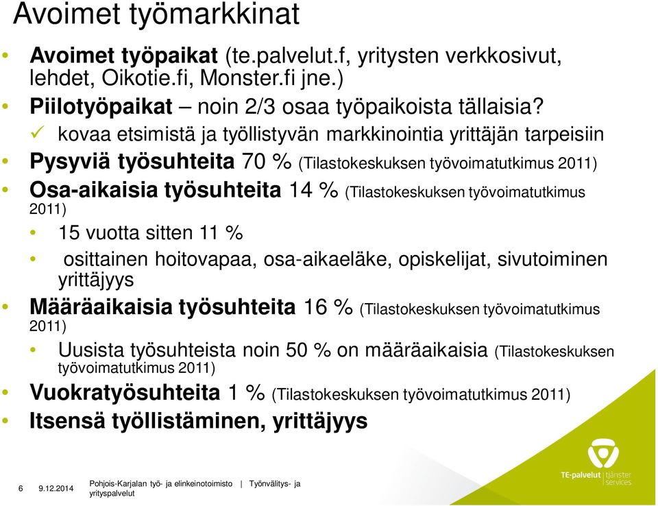työvoimtutkimus 2011) 15 vuott sitten 11 % osittinen hoitovp, os-ikeläke, opiskelijt, sivutoiminen yrittäjyys Määräikisi työsuhteit 16 % (Tilstokeskuksen