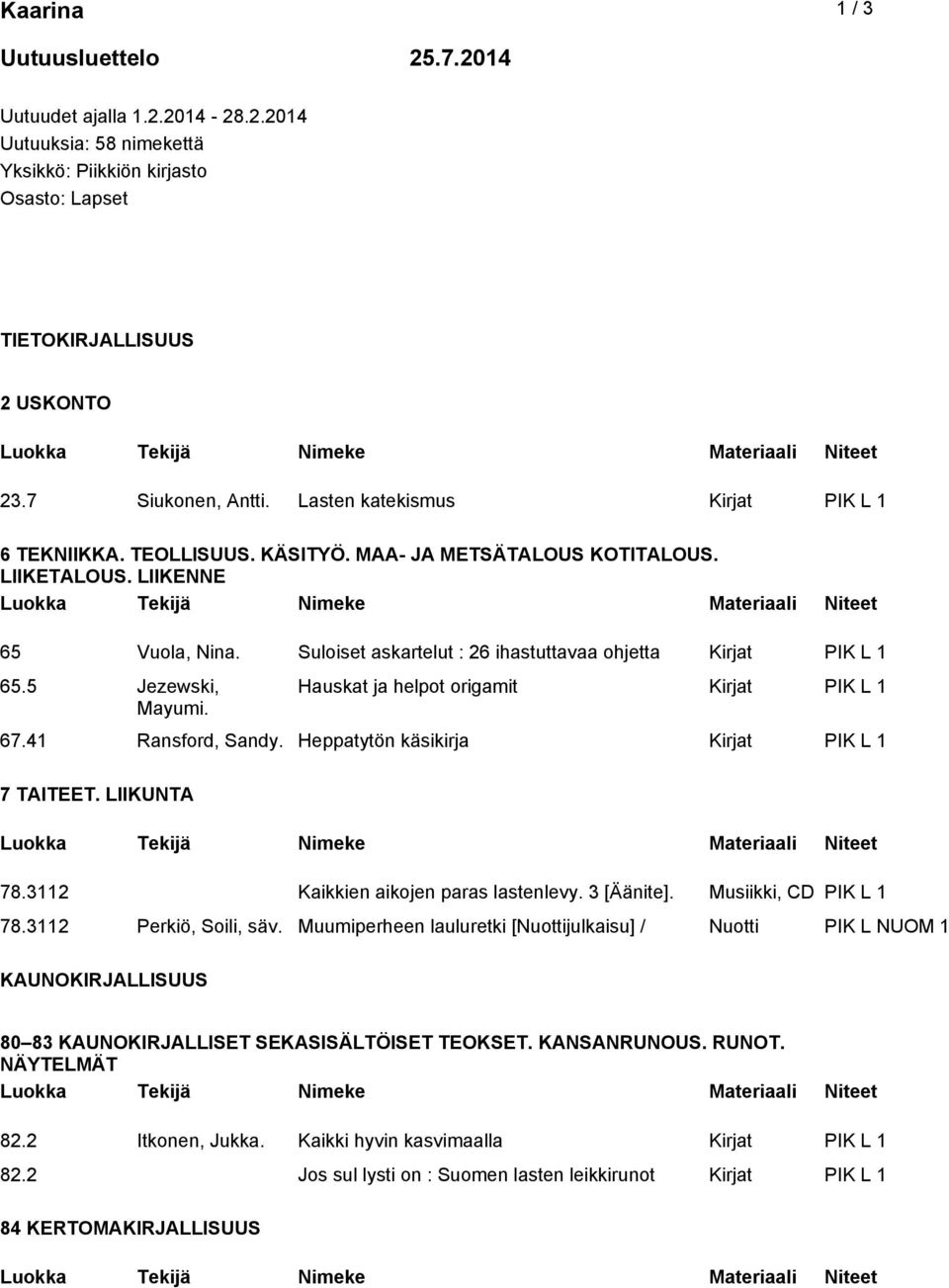 Heppatytön käsikirja Kirjat PIK L 1 7 TAITEET. LIIKUNTA 78.3112 Kaikkien aikojen paras lastenlevy. 3 [Äänite]. Musiikki, CD PIK L 1 78.3112 Perkiö, Soili, säv.