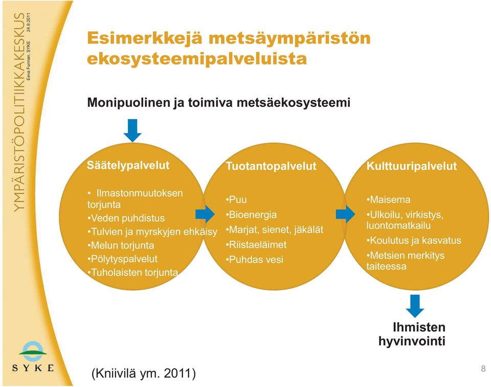 ehkäisy Melun torjunta Pölytyspalvelut Tuholaisten torjunta Puu Bioenergia Marjat, sienet, jäkälät Riistaeläimet Puhdas