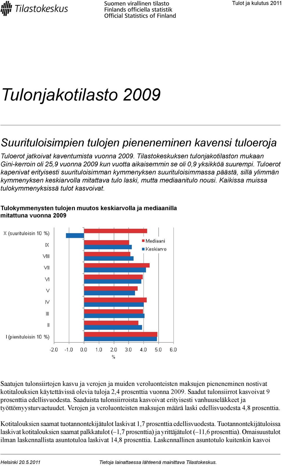 Tuloerot kapenivat erityisesti suurituloisimman kymmenyksen suurituloisimmassa päästä, sillä ylimmän kymmenyksen keskiarvolla mitattava tulo laski, mutta mediaanitulo nousi.