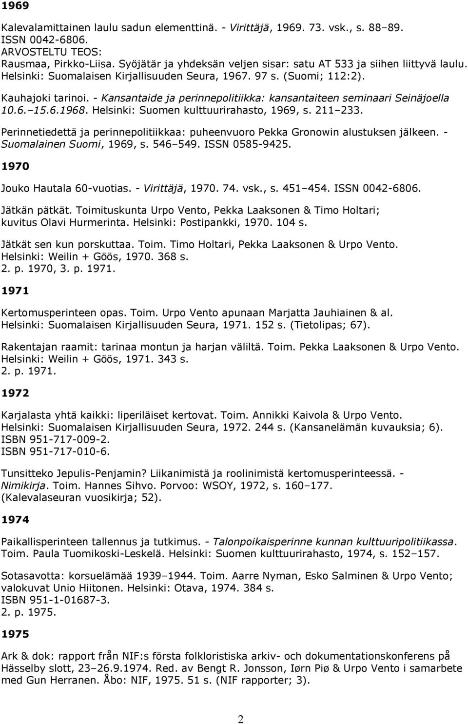 - Kansantaide ja perinnepolitiikka: kansantaiteen seminaari Seinäjoella 10.6. 15.6.1968. Helsinki: Suomen kulttuurirahasto, 1969, s. 211 233.