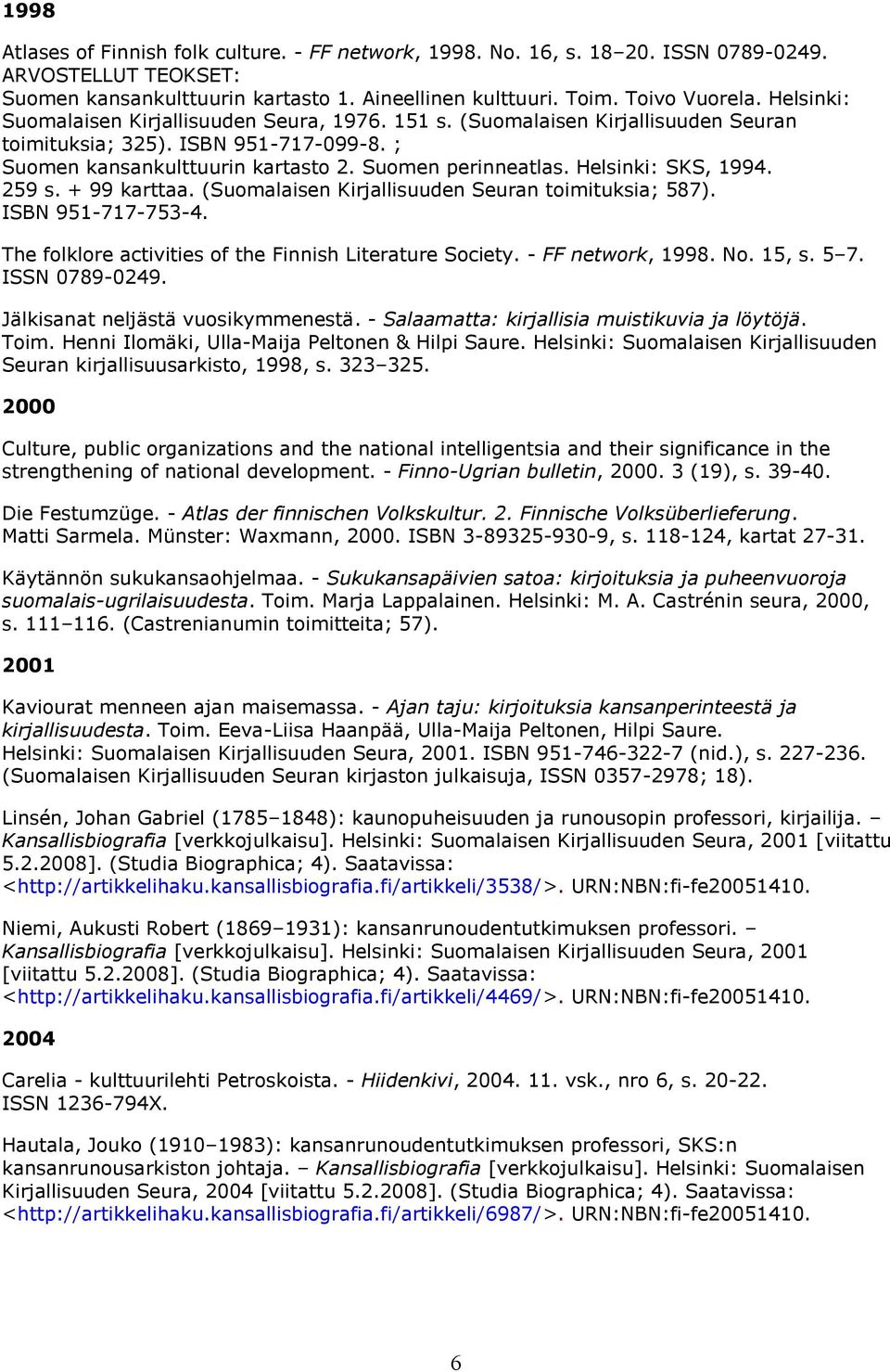 Helsinki: SKS, 1994. 259 s. + 99 karttaa. (Suomalaisen Kirjallisuuden Seuran toimituksia; 587). ISBN 951-717-753-4. The folklore activities of the Finnish Literature Society. - FF network, 1998. No.