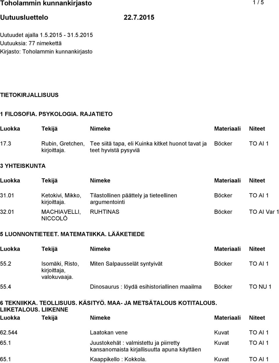 01 MACHIAVELLI, NICCOLÒ Tilastollinen päättely ja tieteellinen argumentointi Böcker RUHTINAS Böcker TO AI Var 1 5 LUONNONTIETEET. MATEMATIIKKA. LÄÄKETIEDE 55.