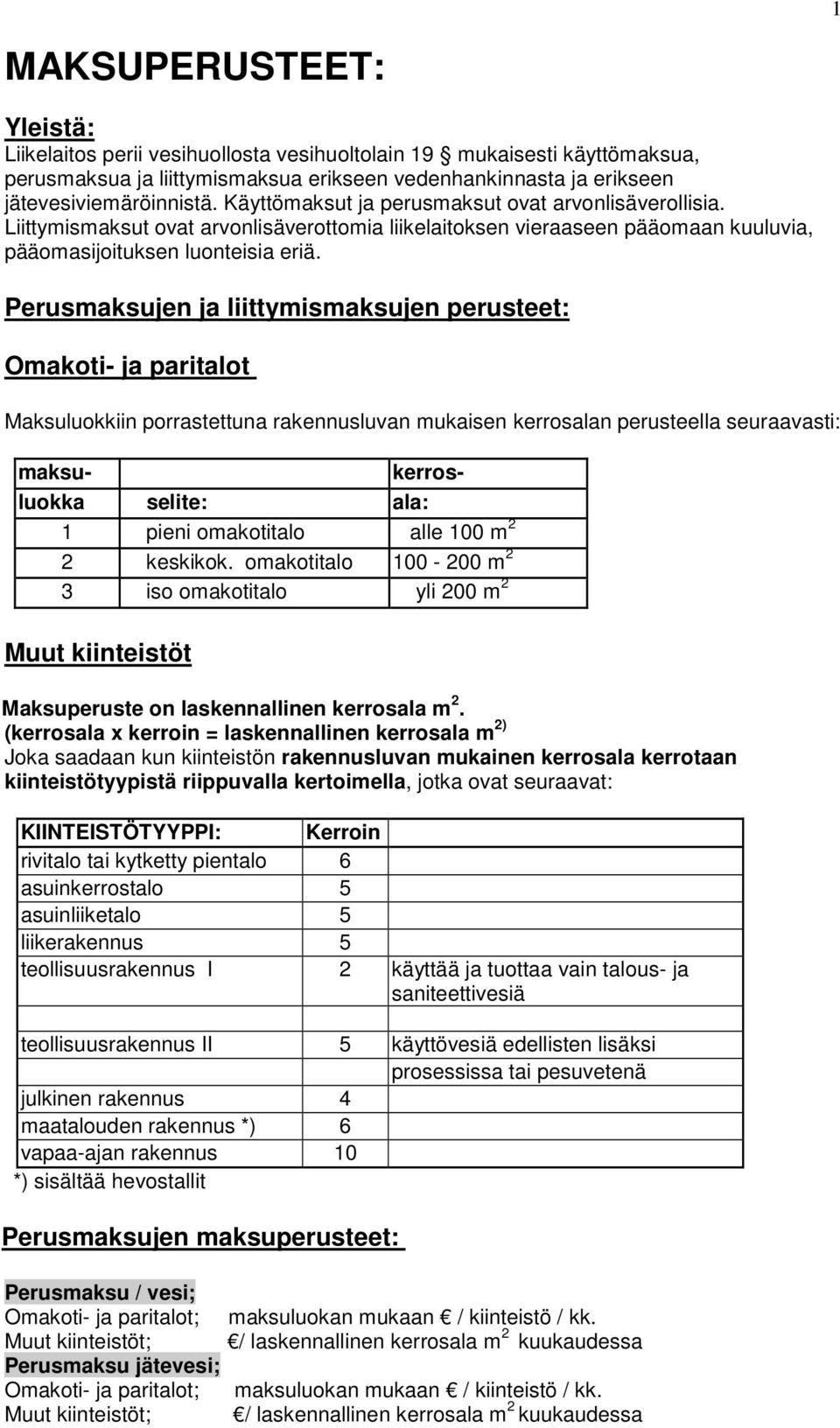 Perusmaksujen ja liittymismaksujen perusteet: Omakoti- ja paritalot Maksuluokkiin porrastettuna rakennusluvan mukaisen kerrosalan perusteella seuraavasti: maksu- kerrosluokka selite: ala: 1 pieni