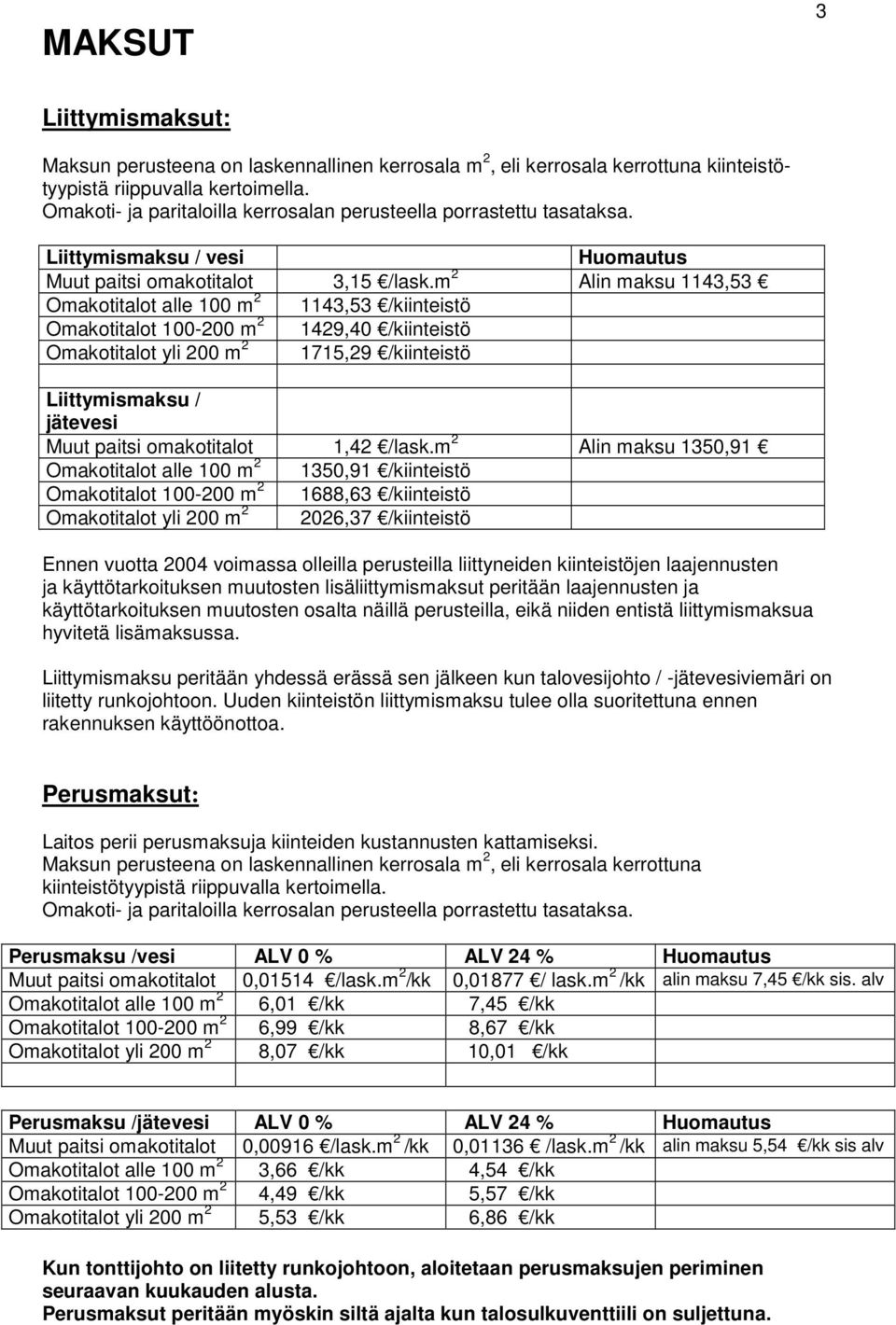 m 2 Alin maksu 1143,53 Omakotitalot alle 100 m 2 1143,53 /kiinteistö Omakotitalot 100-200 m 2 1429,40 /kiinteistö Omakotitalot yli 200 m 2 1715,29 /kiinteistö Liittymismaksu / jätevesi Muut paitsi